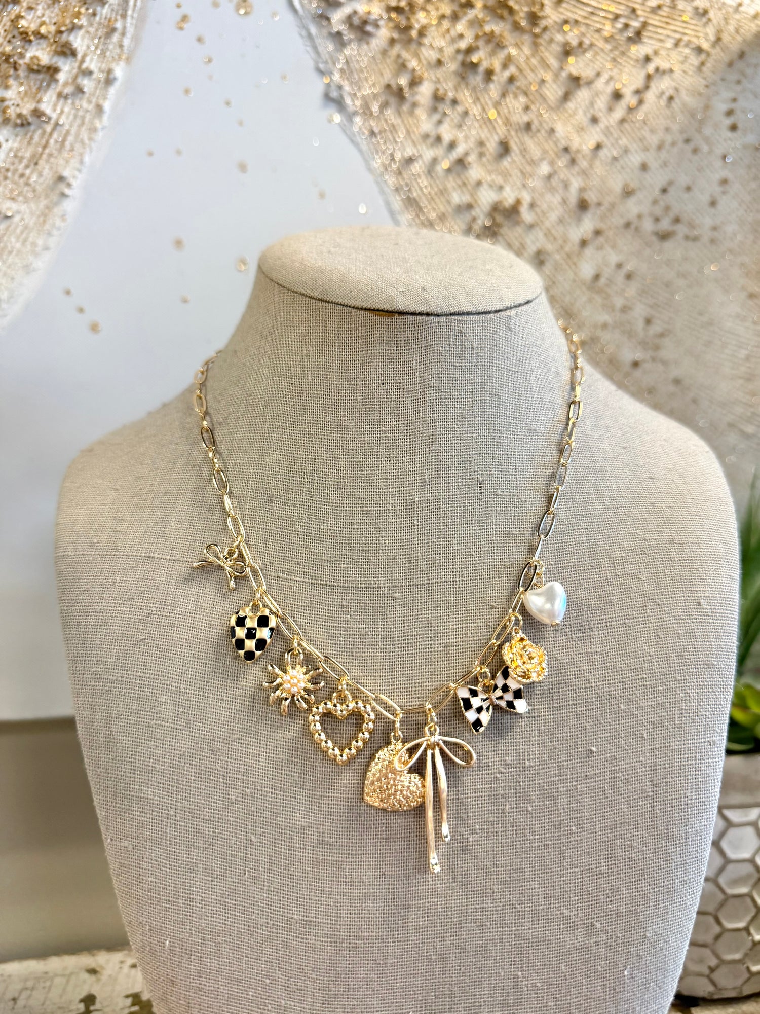 Bow Checker Heart Floral Charm Necklace