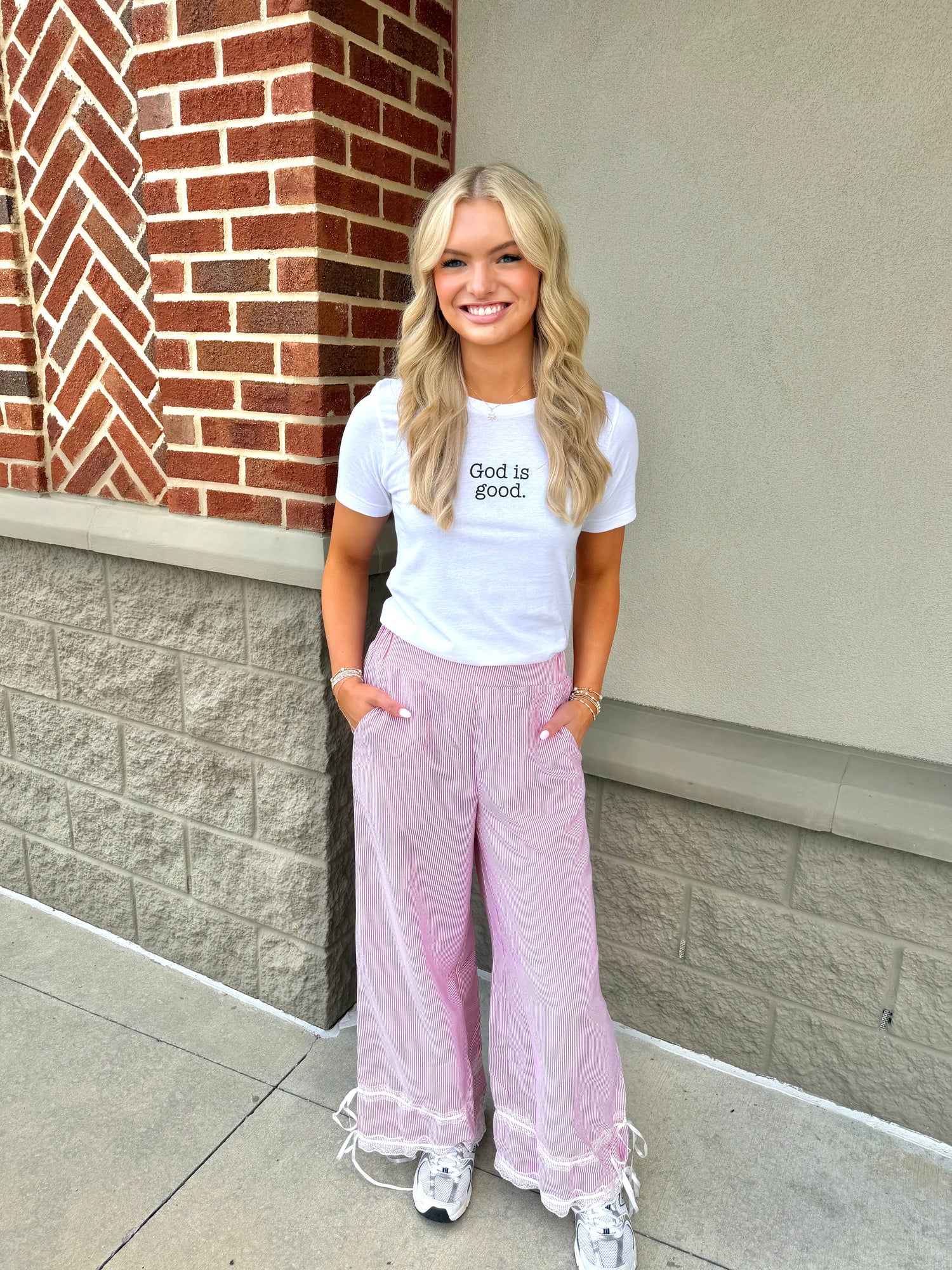 Red Stripe Contrast Lace Ribbon Tie Detail Wide Leg Pants