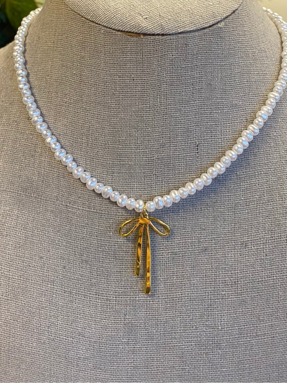 Pearl Chain Bow Charm Necklace