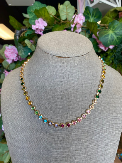 Rainbow Bezel-Set Gemstone Tennis Necklace