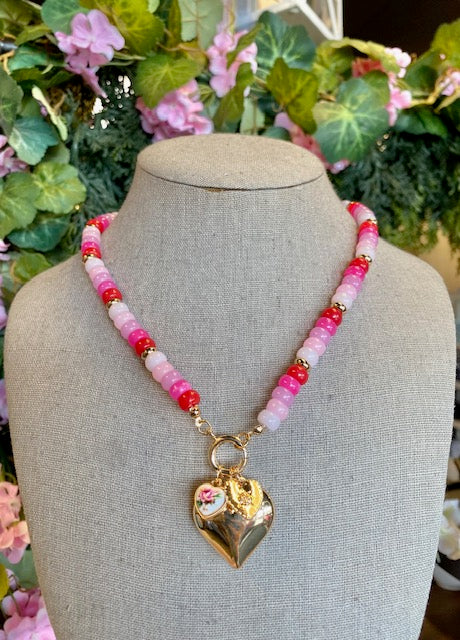 Sweetheart Beaded Porcelain Heart Charm Necklace